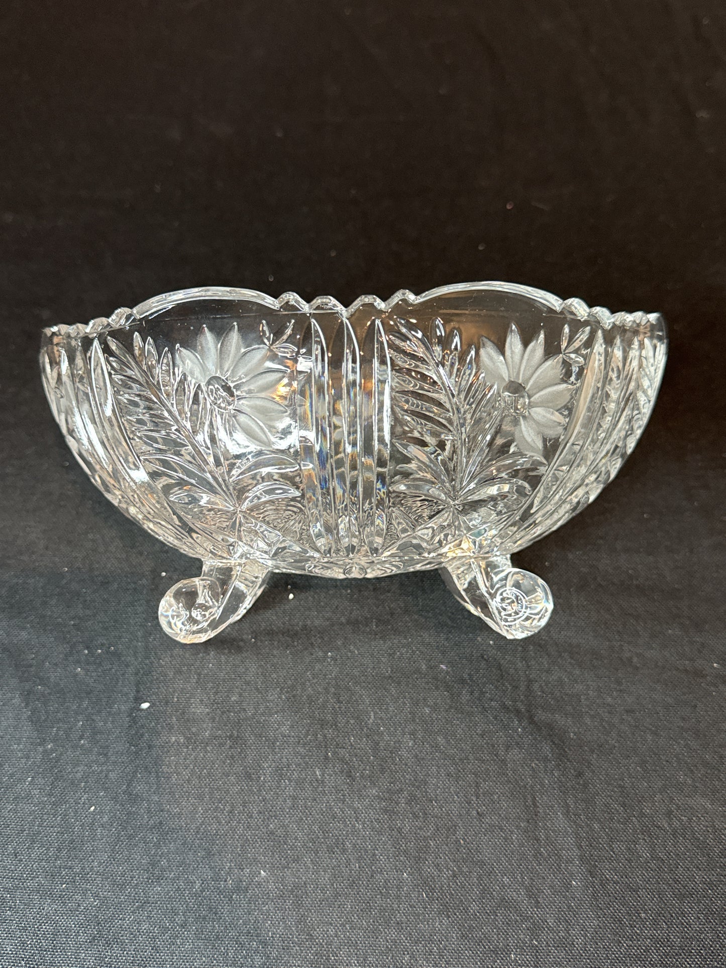 Margaret Clear Glass Footed Bowl by Crystal Clear Industries w/ Frosted Flowers 7 3/8" Long