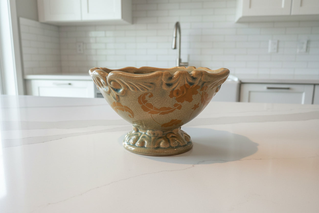 Vintage Ceramic Fruit Bowl Glazed Pottery Footed Scalloped Edge Green Brown 6" Tall x 10" Wide