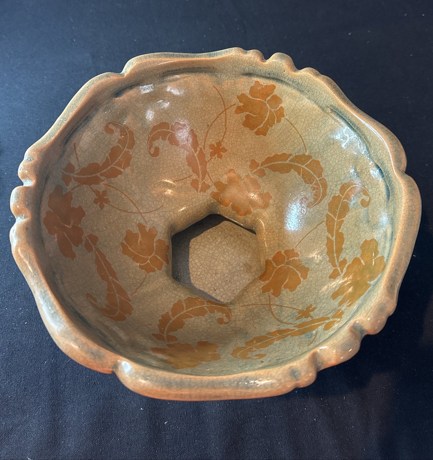 Vintage Ceramic Fruit Bowl Glazed Pottery Footed Scalloped Edge Green Brown 6" Tall x 10" Wide