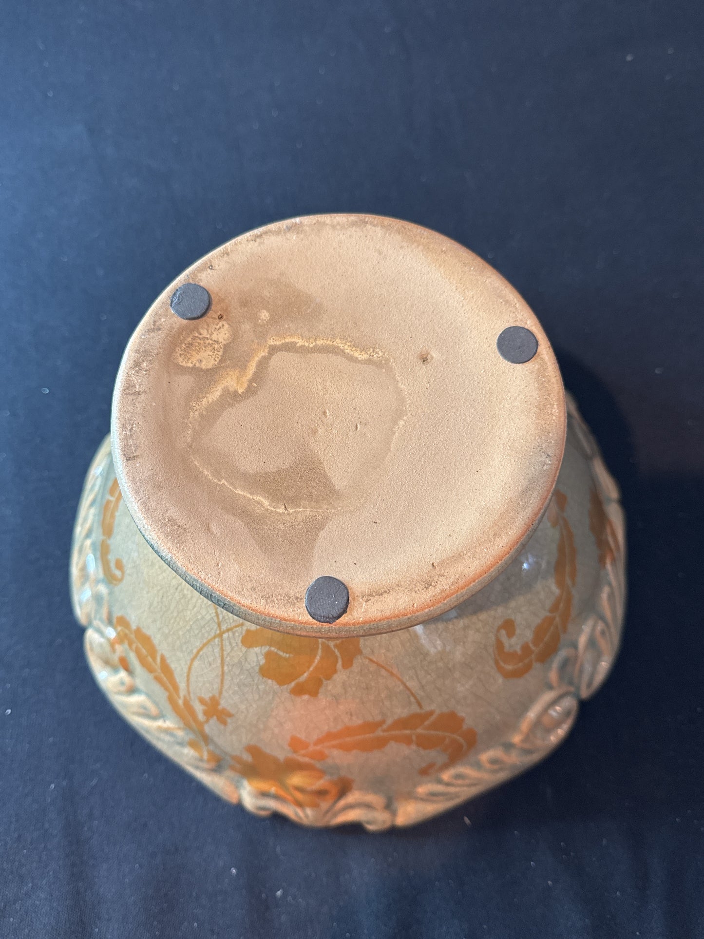 Vintage Ceramic Fruit Bowl Glazed Pottery Footed Scalloped Edge Green Brown 6" Tall x 10" Wide