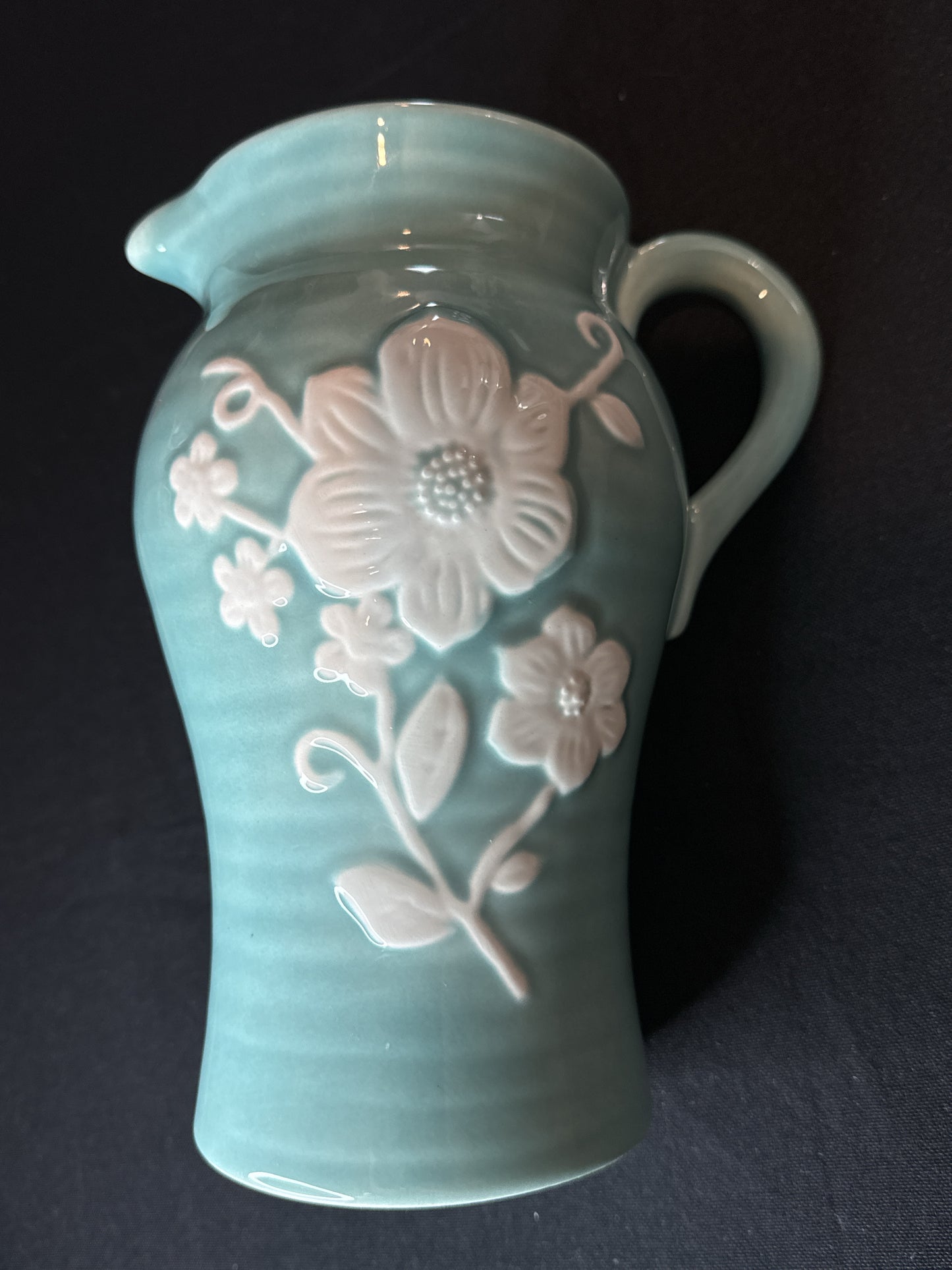 Portugal Pottery Pitcher w/ Handle Turquoise w/ White Flowers 9" Tall Teleflora