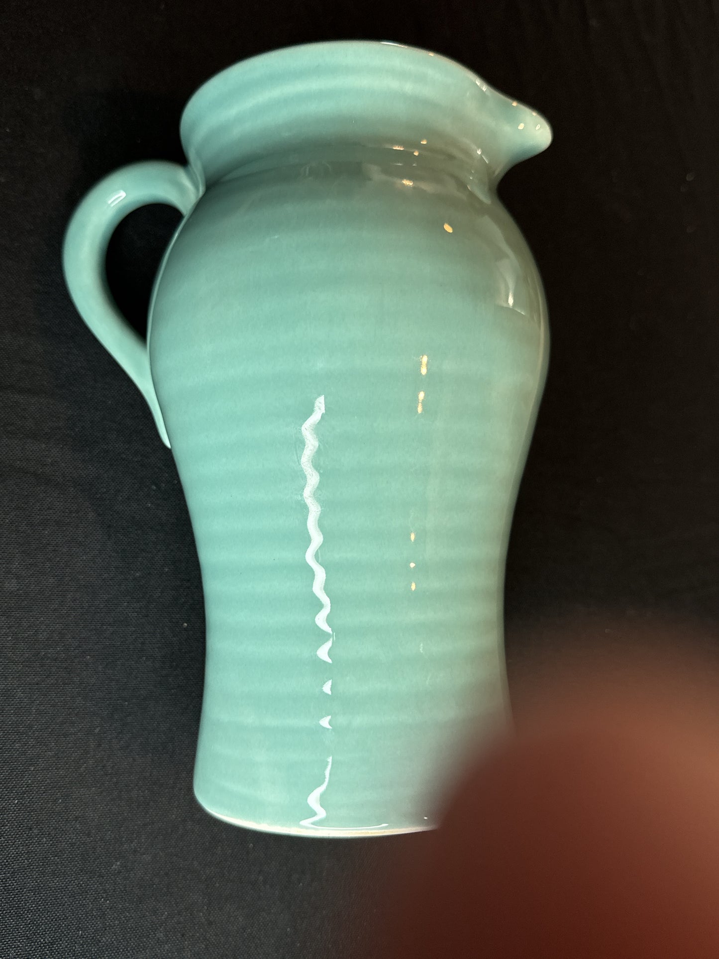 Portugal Pottery Pitcher w/ Handle Turquoise w/ White Flowers 9" Tall Teleflora