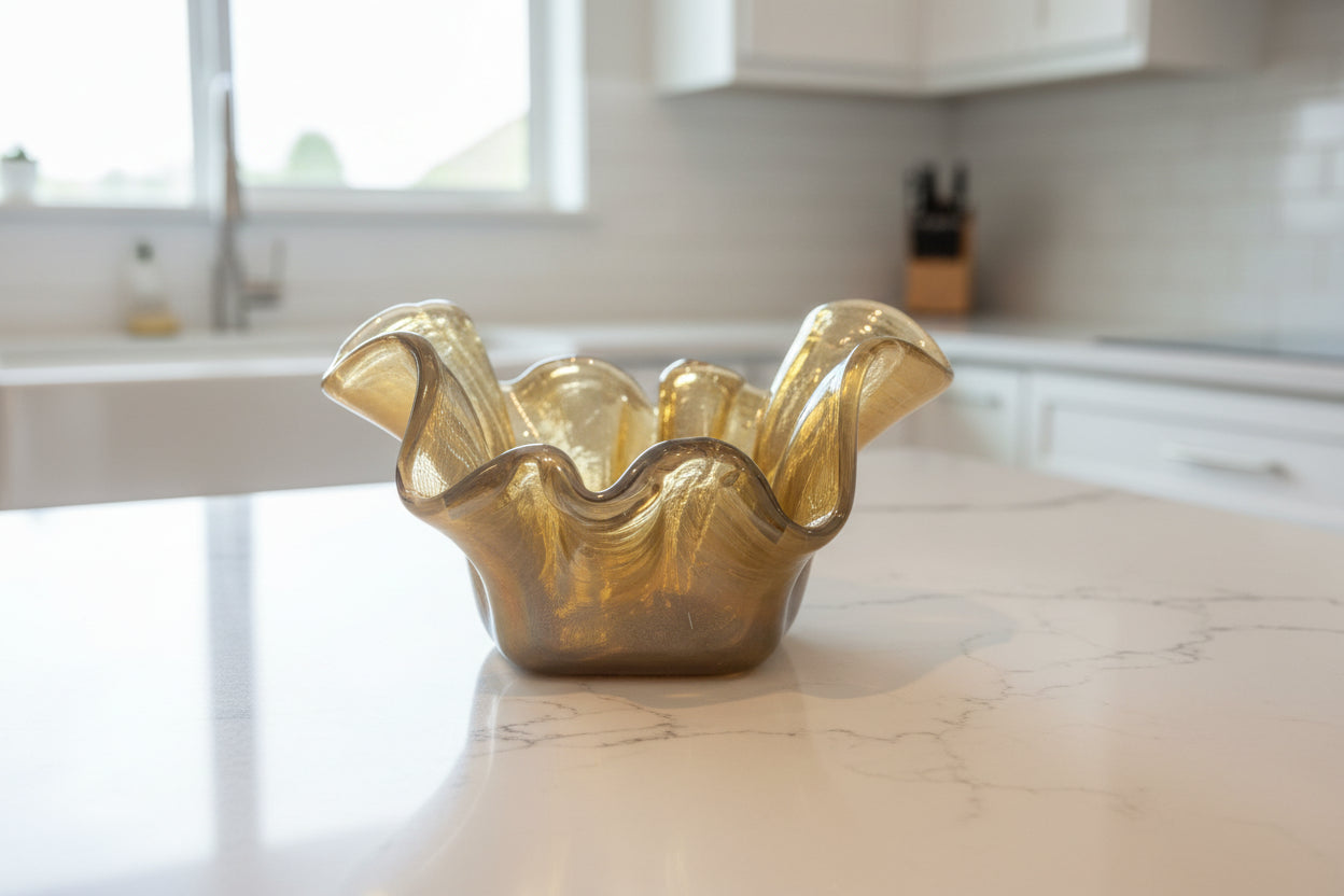 Large Murano Lavorazione Golden Opalescent Bowl 10" x 8" Wide 6" Tall