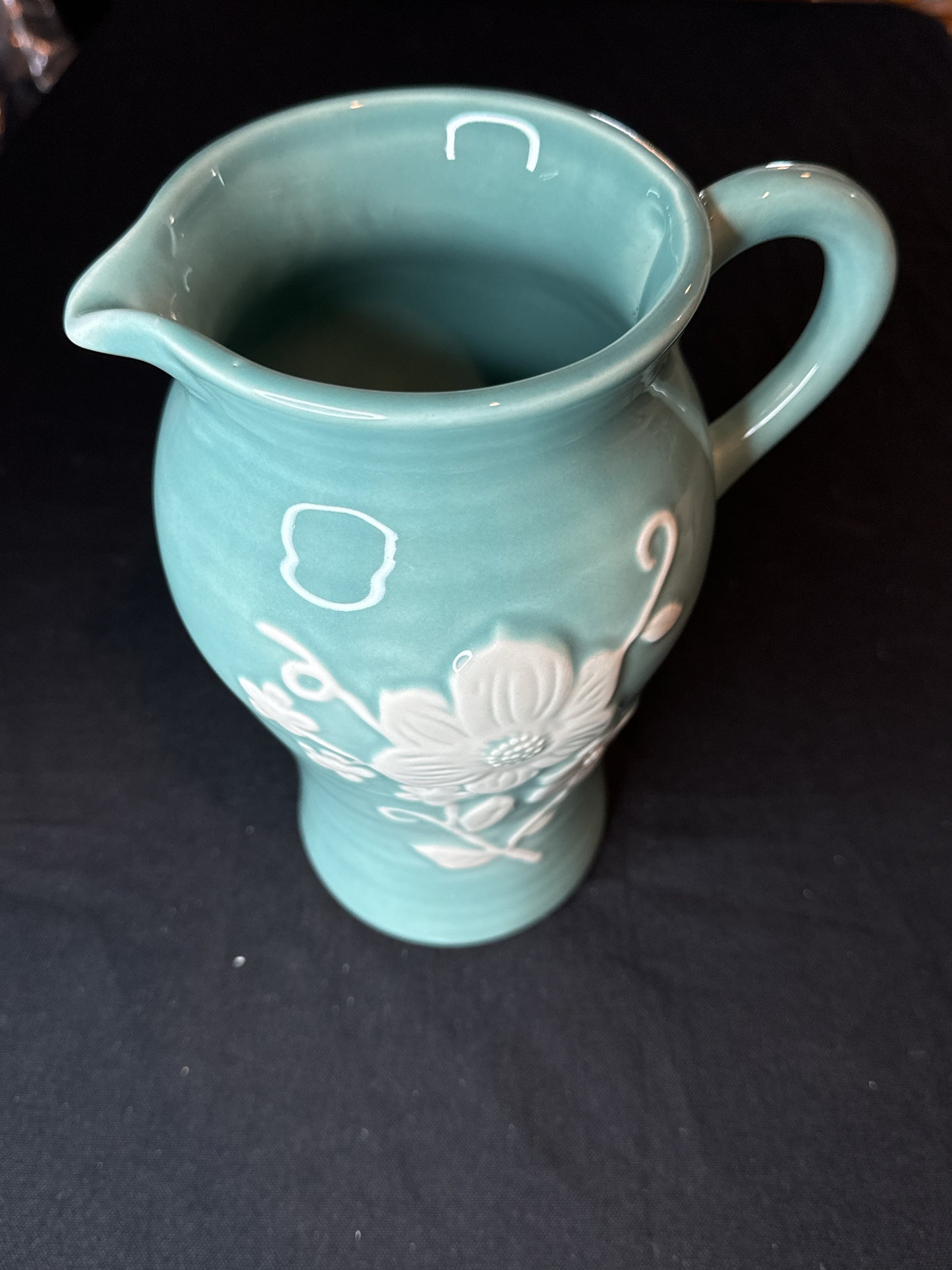 Portugal Pottery Pitcher w/ Handle Turquoise w/ White Flowers 9" Tall Teleflora