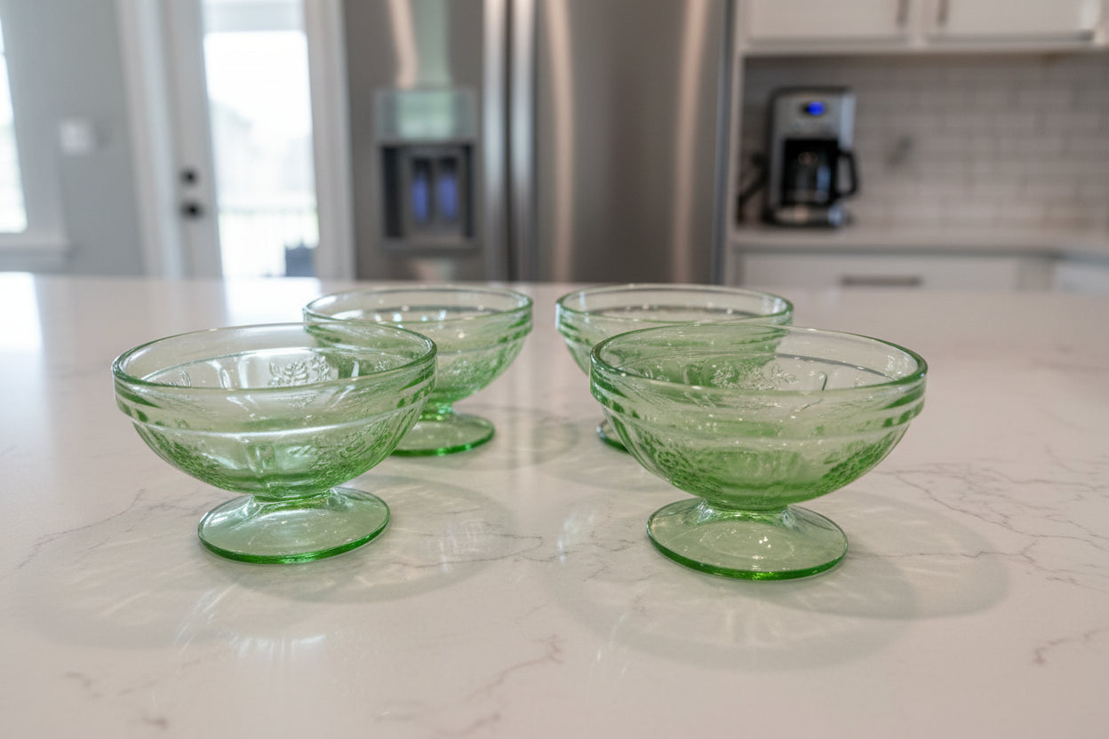 Sharon Green Depression Glass Set of 4 Champagne/Tall Sherbert 2 3/8" Tall Uranium Glows