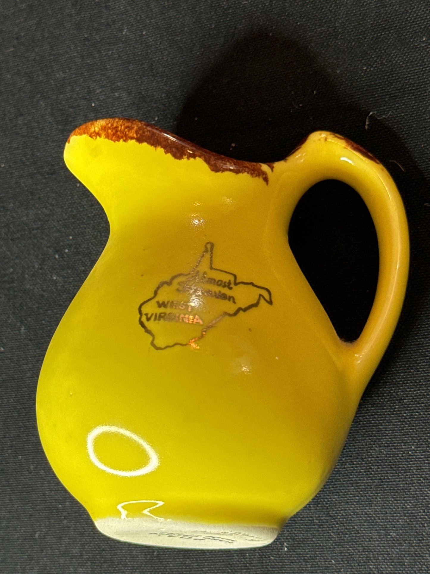 Paden City Artwork Pottery Creamer "Almost Heaven West Virginia" Yellow w/ Brown 4.25" Tall