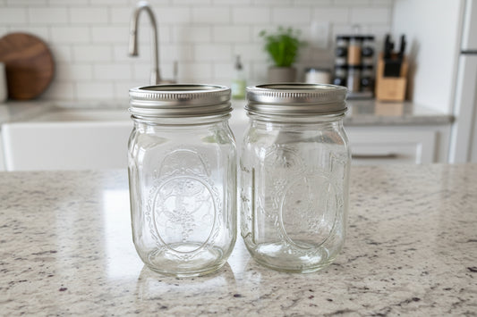 Pair of Ball Vintage Wide Mouth Clear Mason Jars 16oz With Screw Cap With No Lid 5.25" Tall