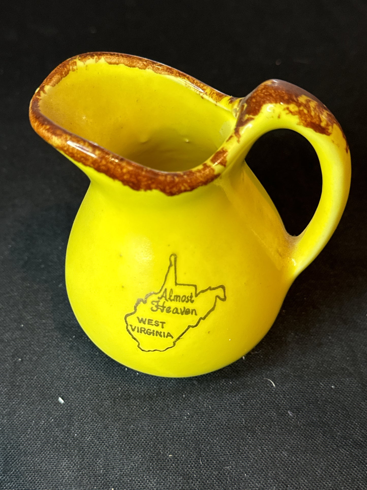 Paden City Artwork Pottery Creamer "Almost Heaven West Virginia" Yellow w/ Brown 4.25" Tall