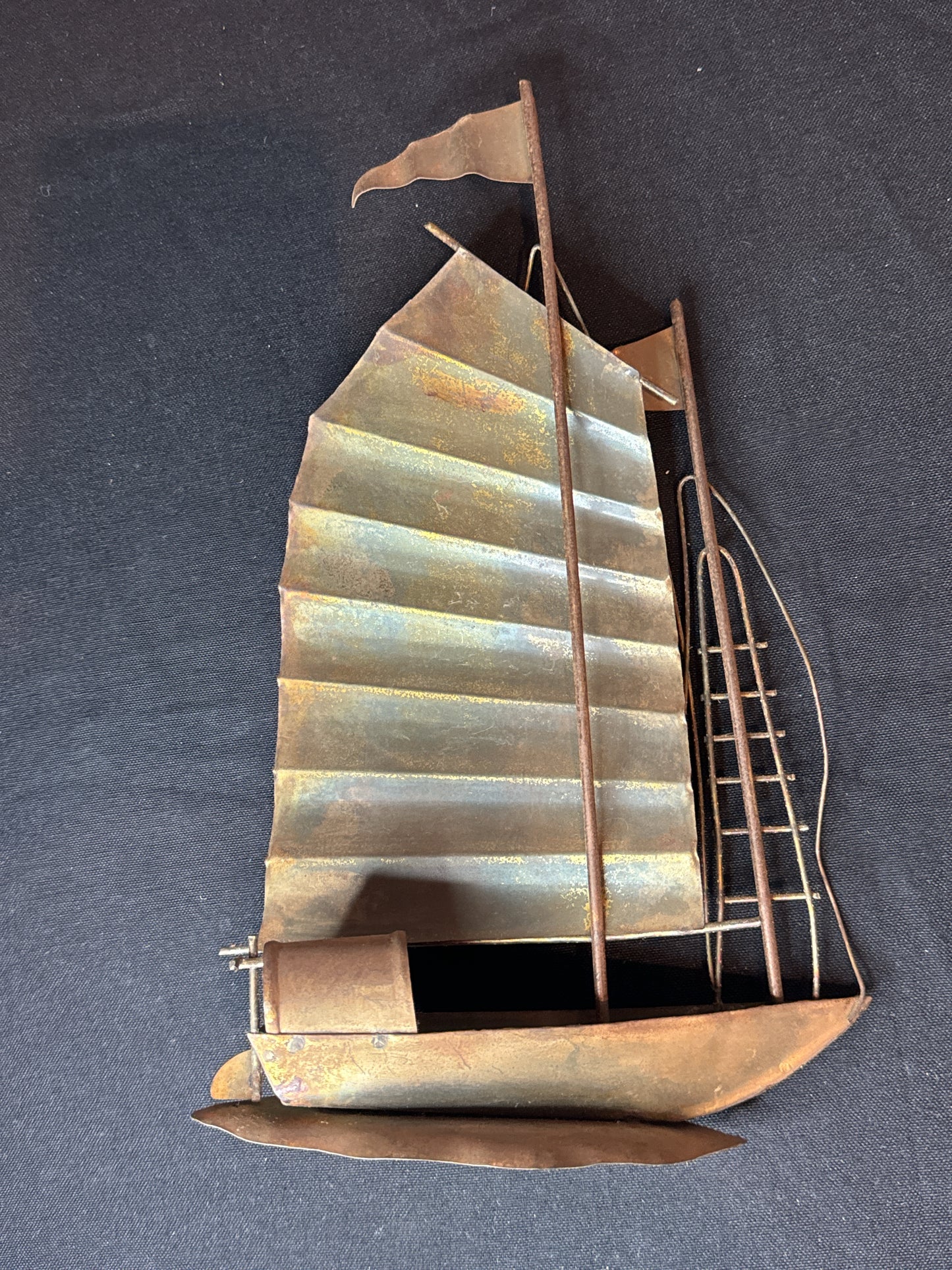 Vintage Metal Tin Junk Rig Sailboat 1970s Hong Kong Brutalist Sculpture 12" Tall 7" Wide