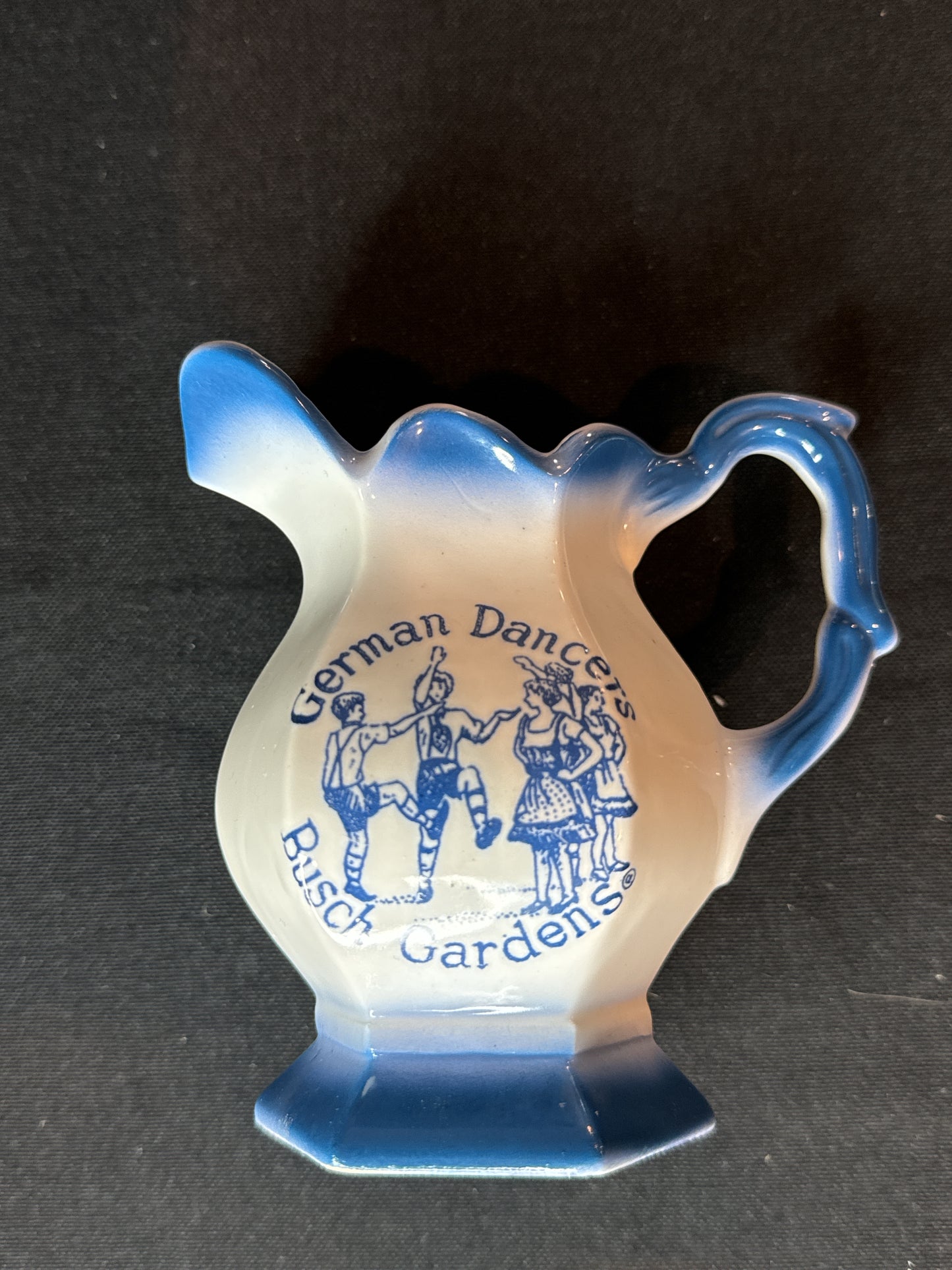 Busch Gardens German Dancers Blue/White Creamer Ceramic Pitcher 4.5" Tall