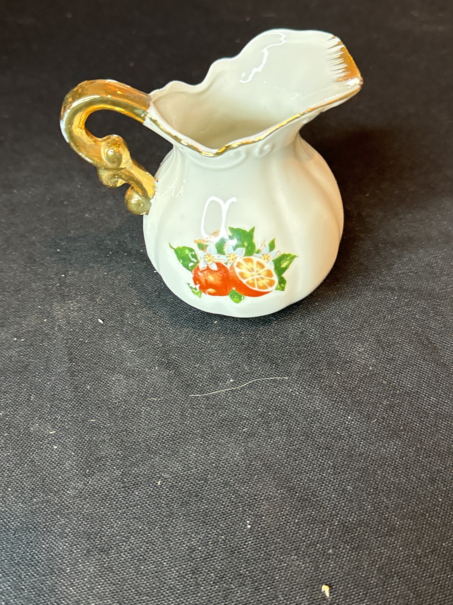 Vintage Florida 3.5" Small Pitcher/Creamer w/ 4.5" Wide Saucer Oranges Gold Trim