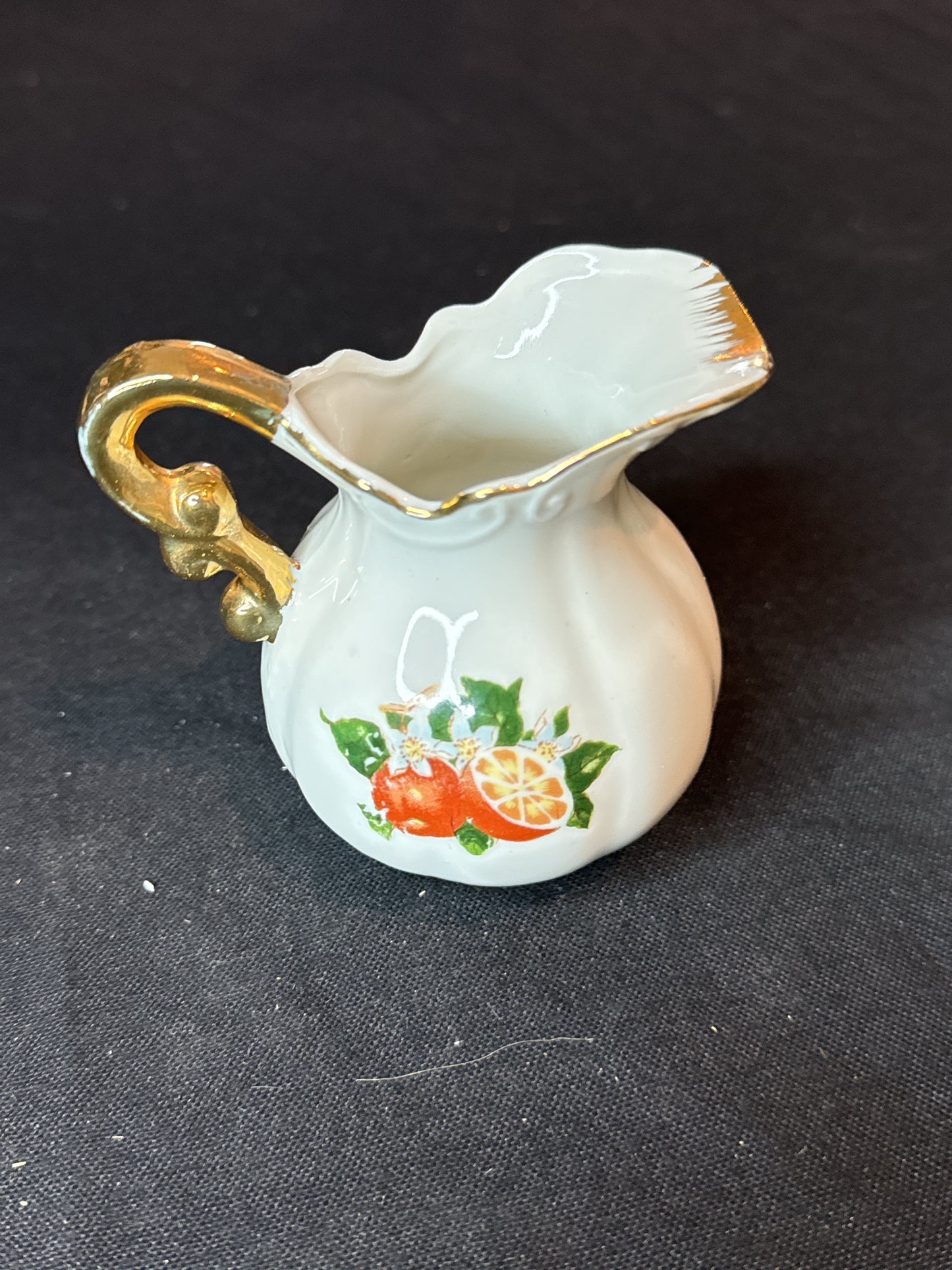 Vintage Florida 3.5" Small Pitcher/Creamer w/ 4.5" Wide Saucer Oranges Gold Trim