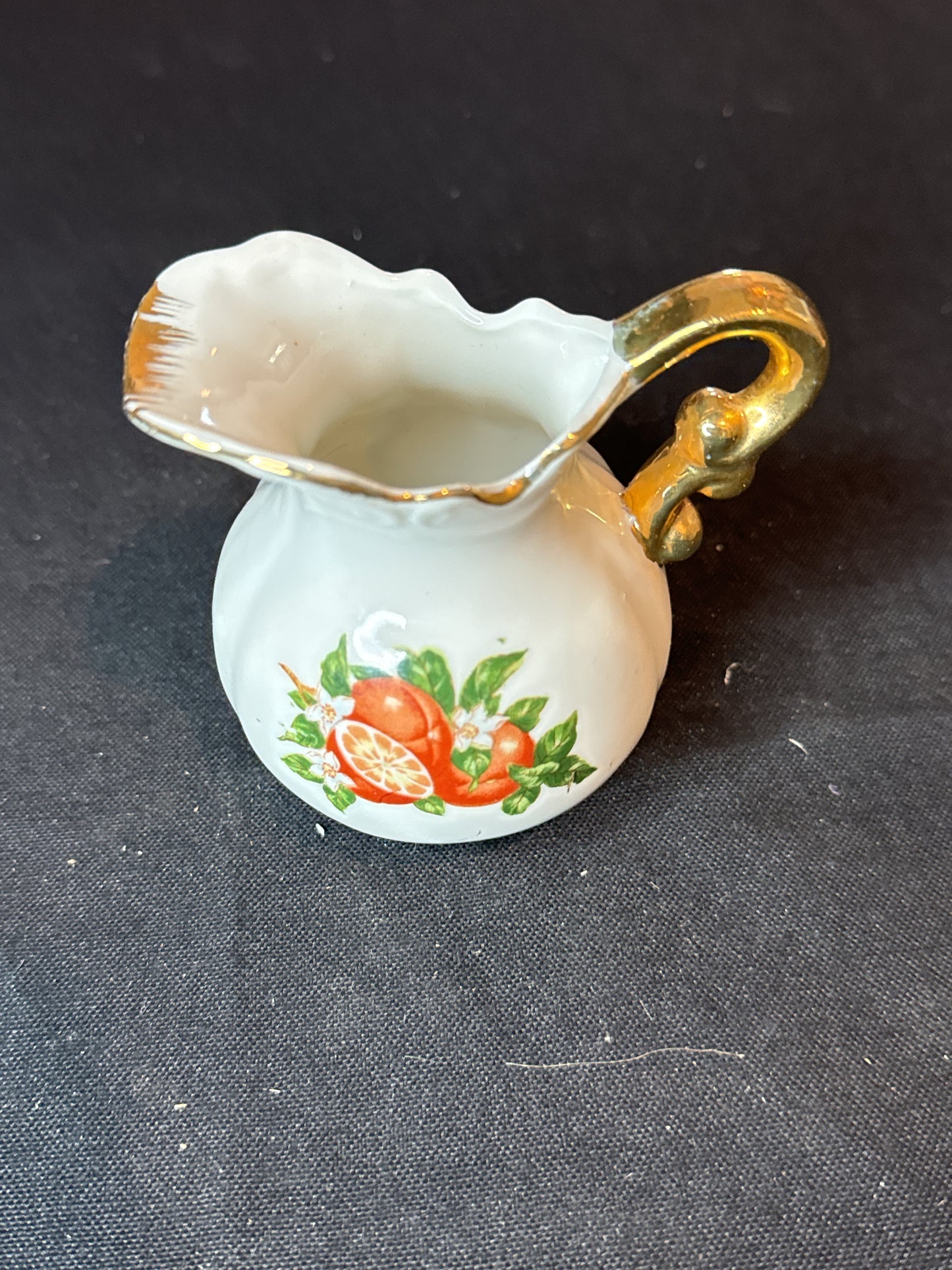 Vintage Florida 3.5" Small Pitcher/Creamer w/ 4.5" Wide Saucer Oranges Gold Trim