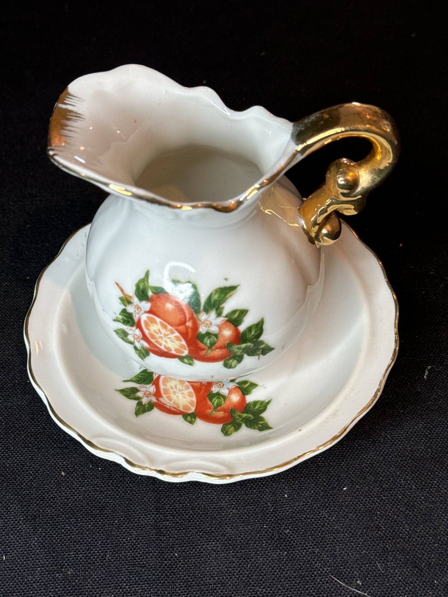 Vintage Florida 3.5" Small Pitcher/Creamer w/ 4.5" Wide Saucer Oranges Gold Trim