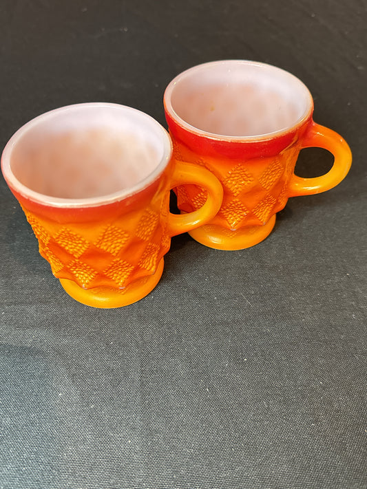 Pair of Retro Anchor Hocking Fire King Kimberly Diamond Coffee Mugs Orange 3.75" Tall