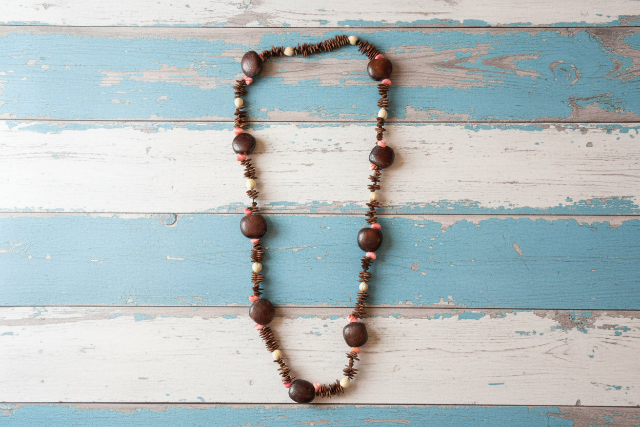 Vintage Wooden Boho Necklace Natural Wooden Beads Shells Seeds 15" Long When Folded