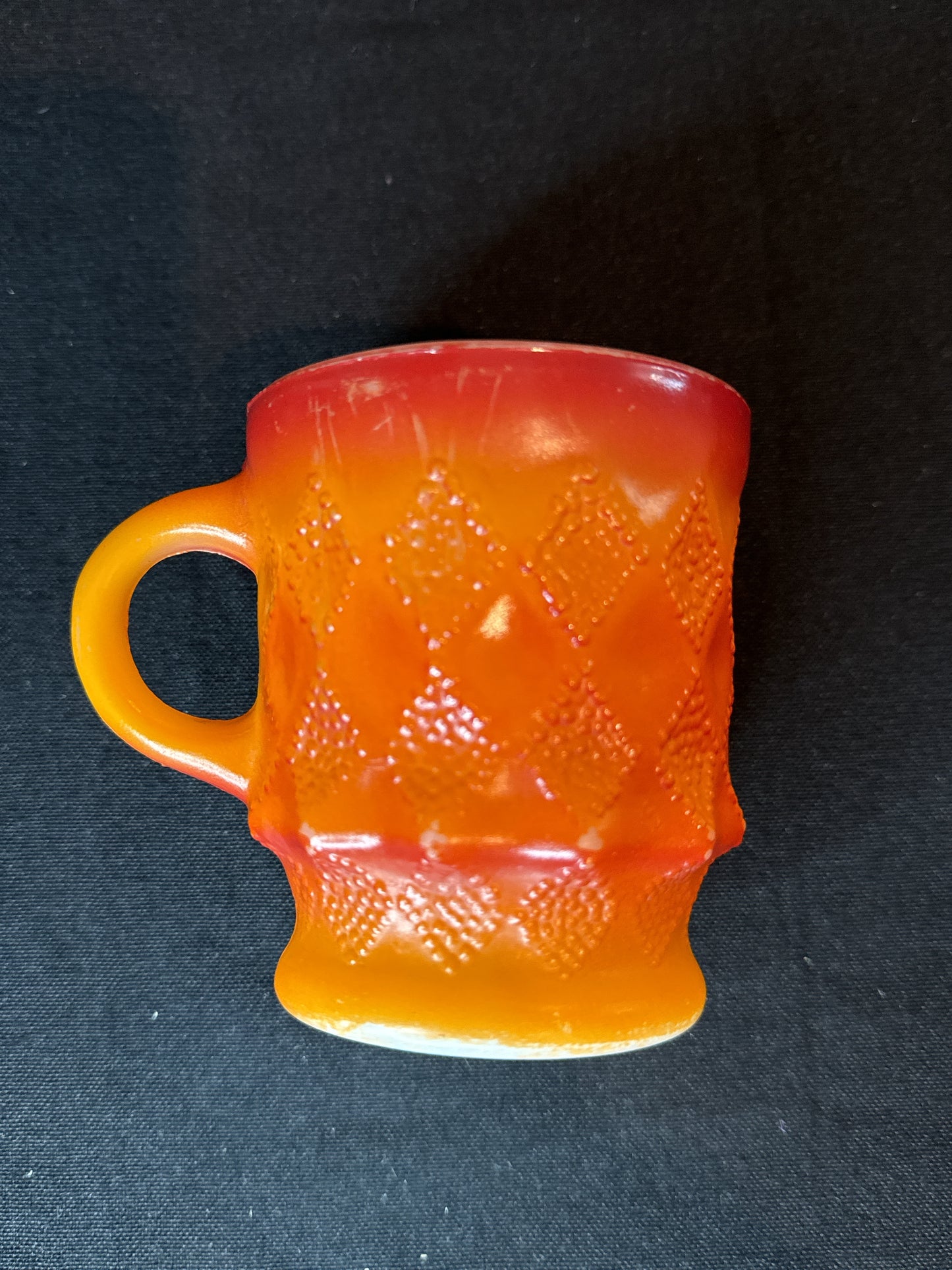 Pair of Retro Anchor Hocking Fire King Kimberly Diamond Coffee Mugs Orange 3.75" Tall