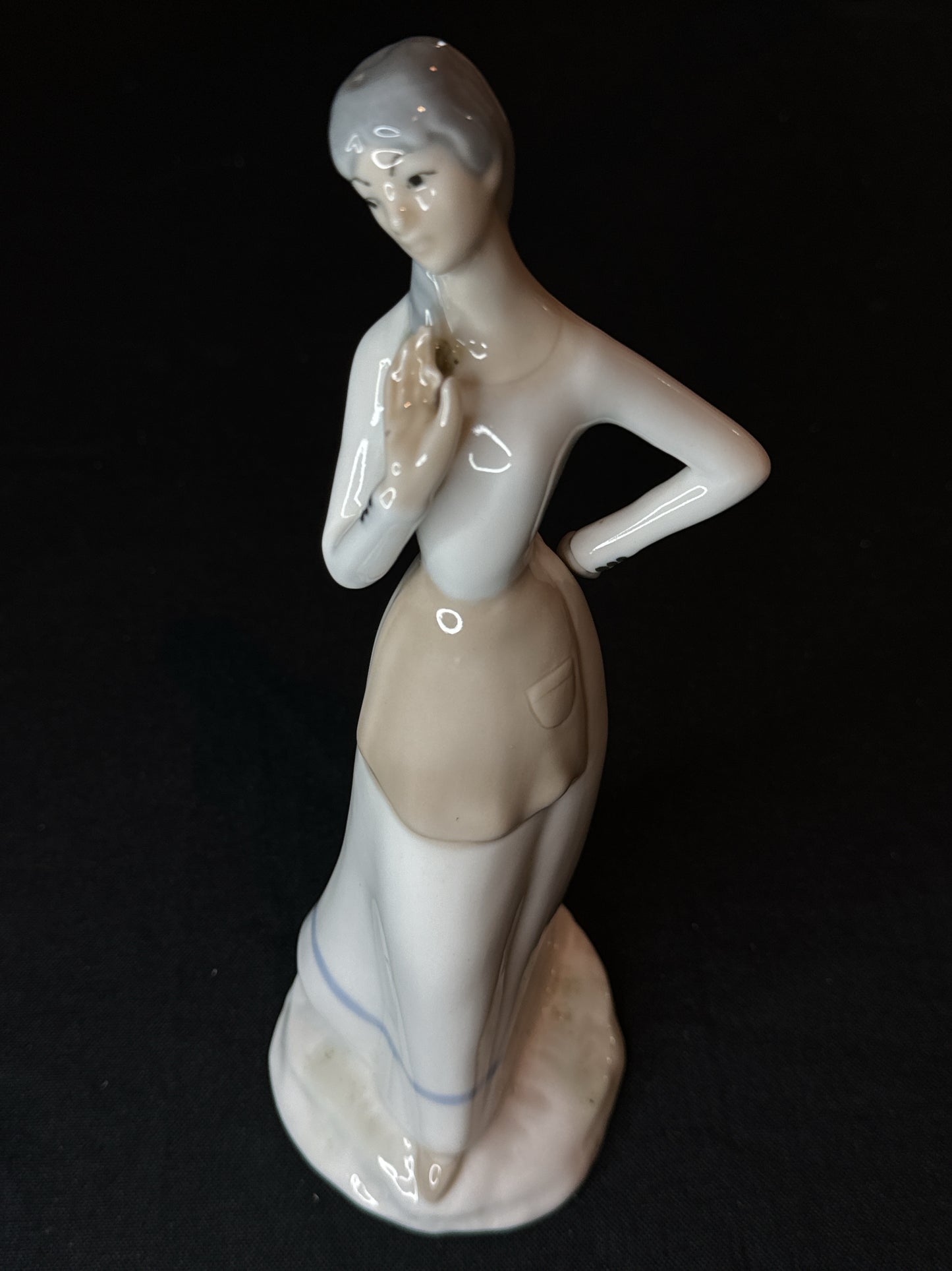 Tall 9.5" Country Woman Tan White Figurine Ceramic Girl Slender