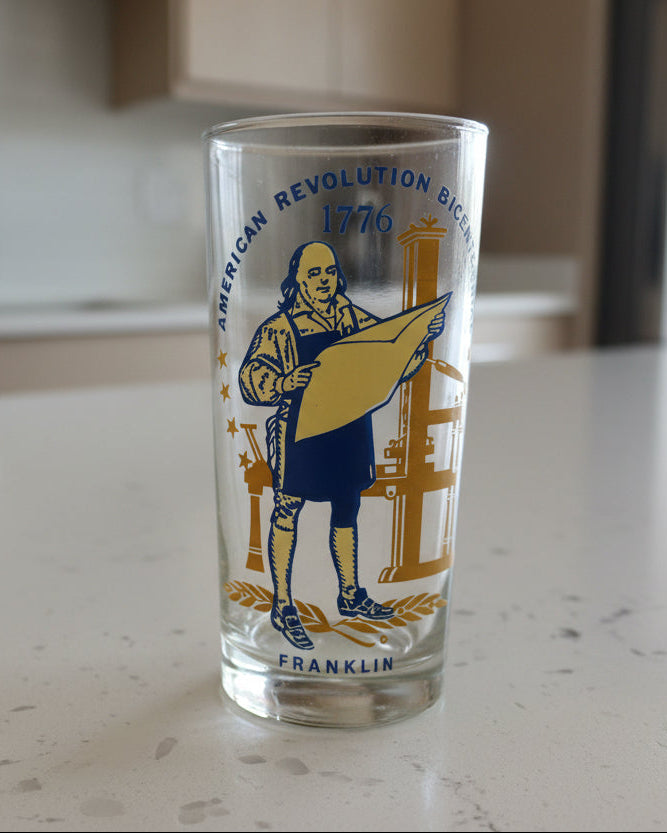 American Revolution Bicentennial Drinking Glass Benjamin Franklin 5 5/8" Tall Rare Find