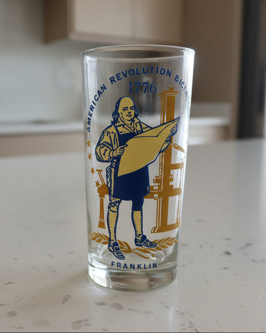 American Revolution Bicentennial Drinking Glass Benjamin Franklin 5 5/8" Tall Rare Find