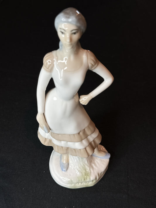 Tall 9.5" Country Woman Tan White Figurine Ruffled Dress Ceramic Girl Slender