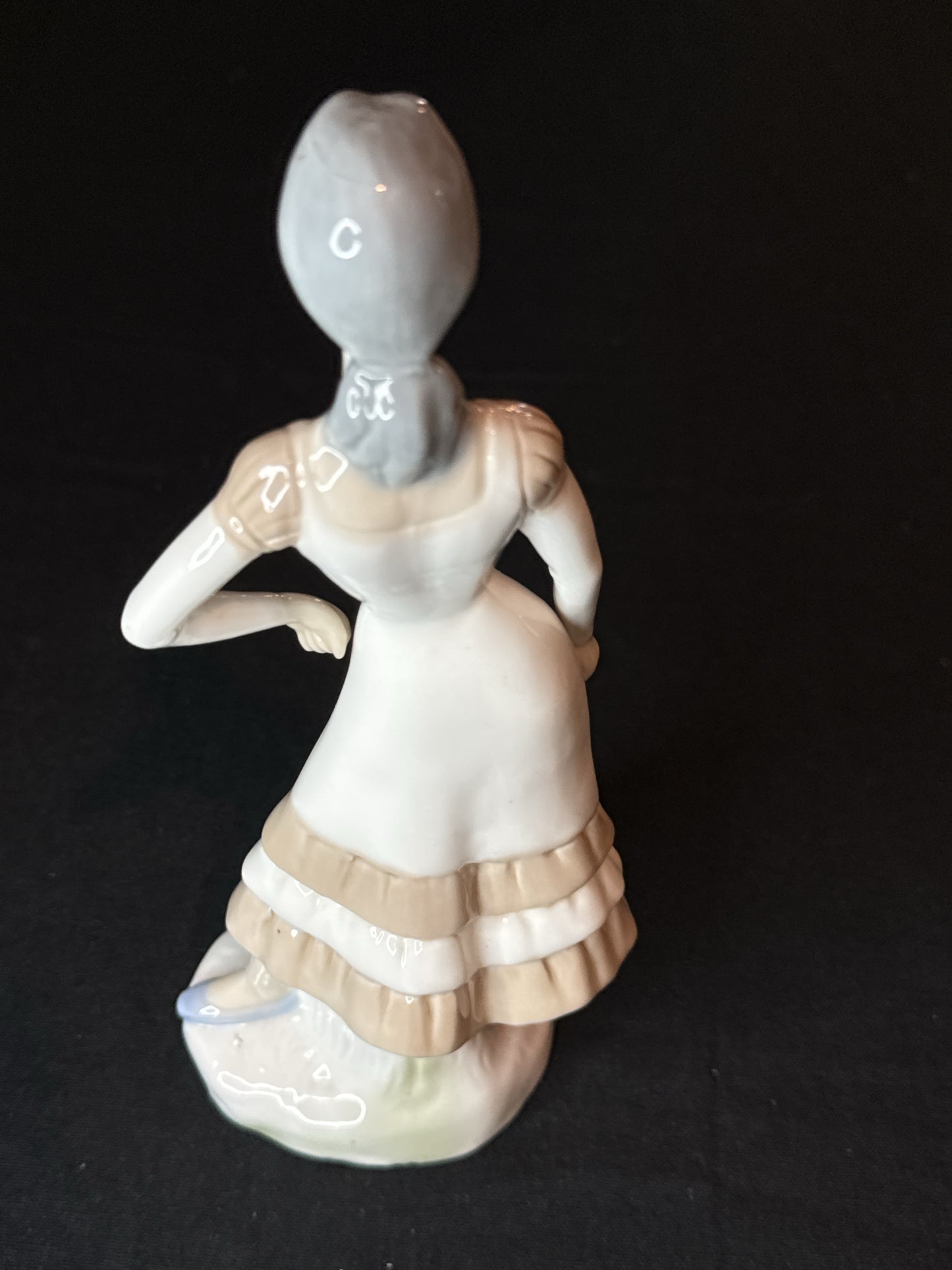 Tall 9.5" Country Woman Tan White Figurine Ruffled Dress Ceramic Girl Slender
