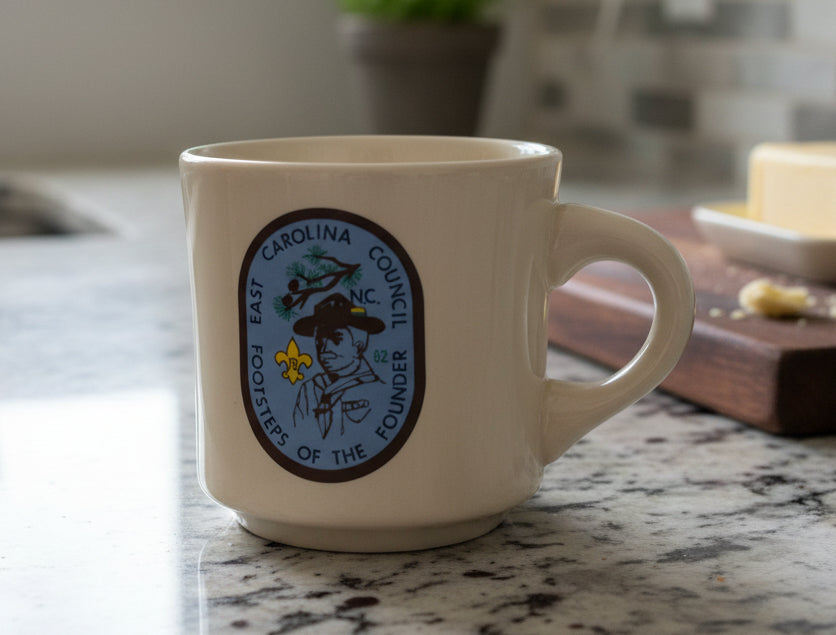 Vintage Boy Scouts East Carolina Council Footsteps Of The Founder Coffee Cup 1982