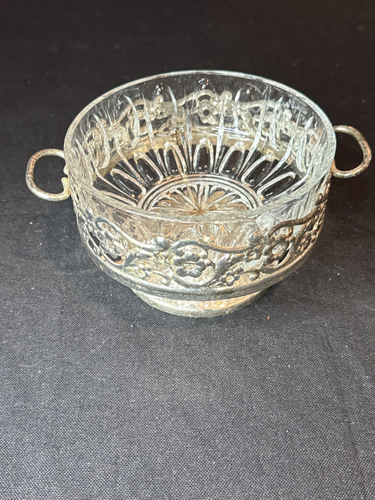 Antique Silver Plate & Cut Glass Candy Dish 3" H X 5" D