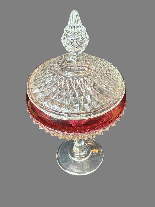 Diamond Point Ruby Indiana Glass Compote & Lid Candy Dish 12.25" Tall