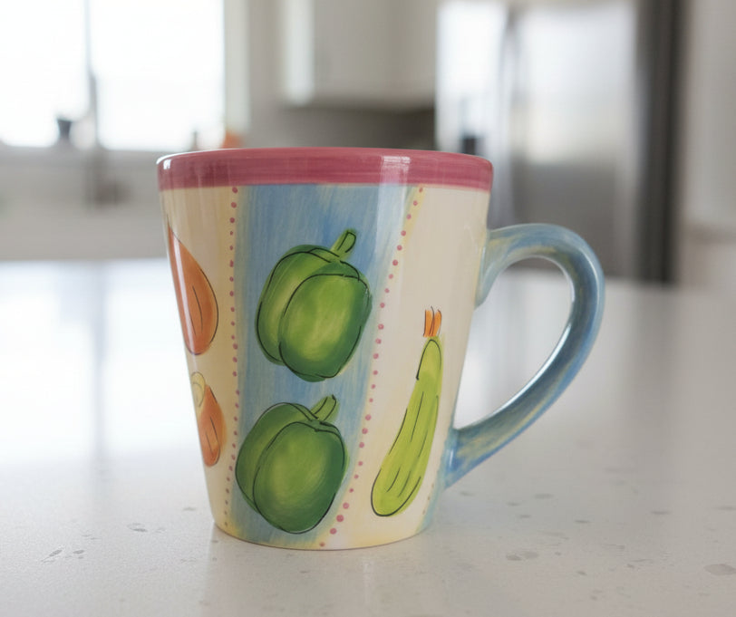 Dansk Ratatouille Coffee Mug Cup 4" Tall Vegetables Purple Rim