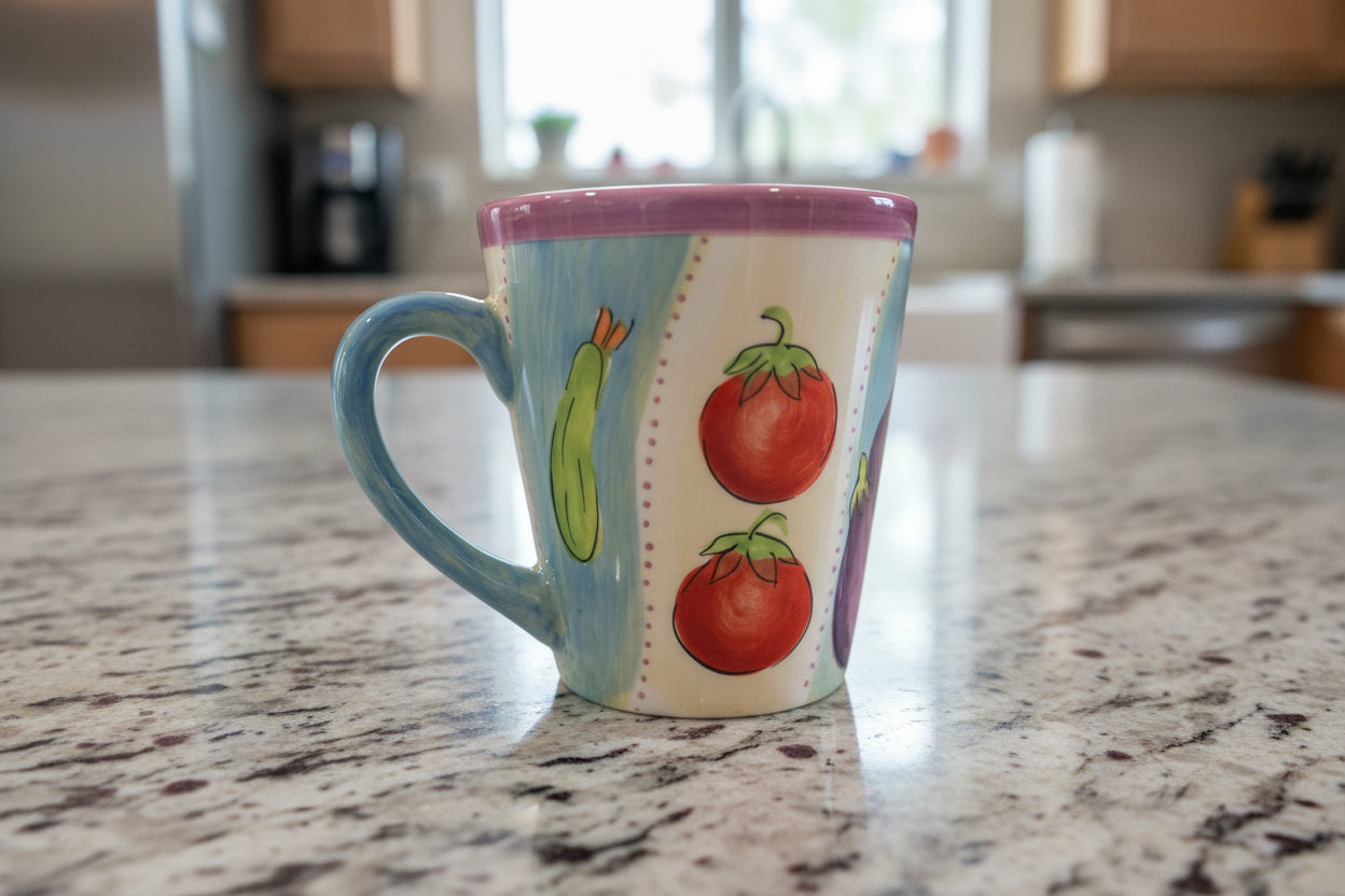 Dansk Ratatouille Coffee Mug Cup 4" Tall Vegetables Purple Rim