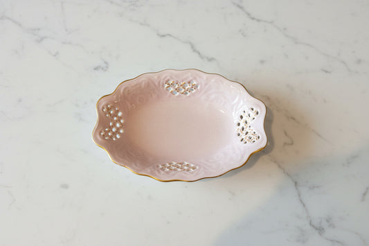 Vintage Pierced Porcelain Trinket Dish 6.75" x 4.75" Pink With Gold Accent Paint Germany