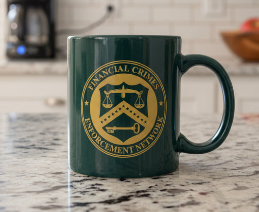 Vintage Financial Crimes Enforcement Network Green Coffee Cup Mug 3.75" Tall