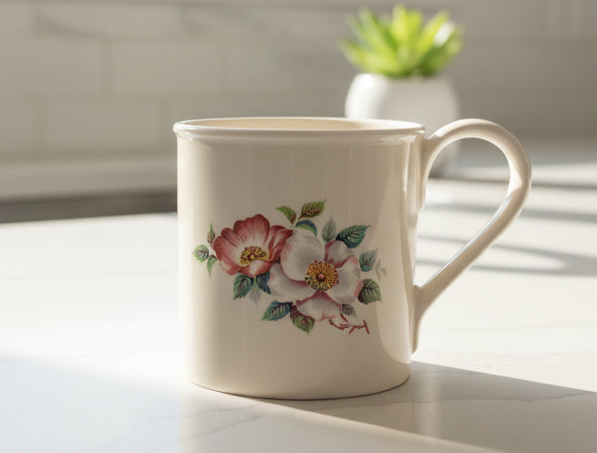 Hand Made Pottery Floral Coffee Cup Mug 3 5/8" Tall Blonde Color Flowers.