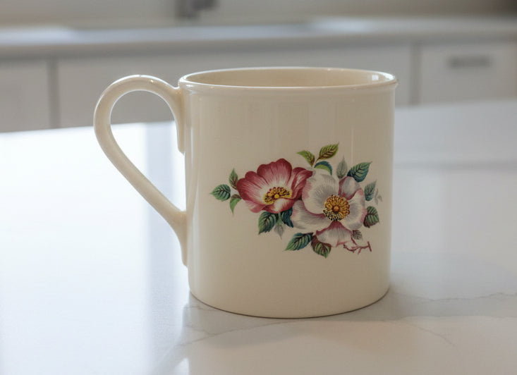 Hand Made Pottery Floral Coffee Cup Mug 3 5/8" Tall Blonde Color Flowers.