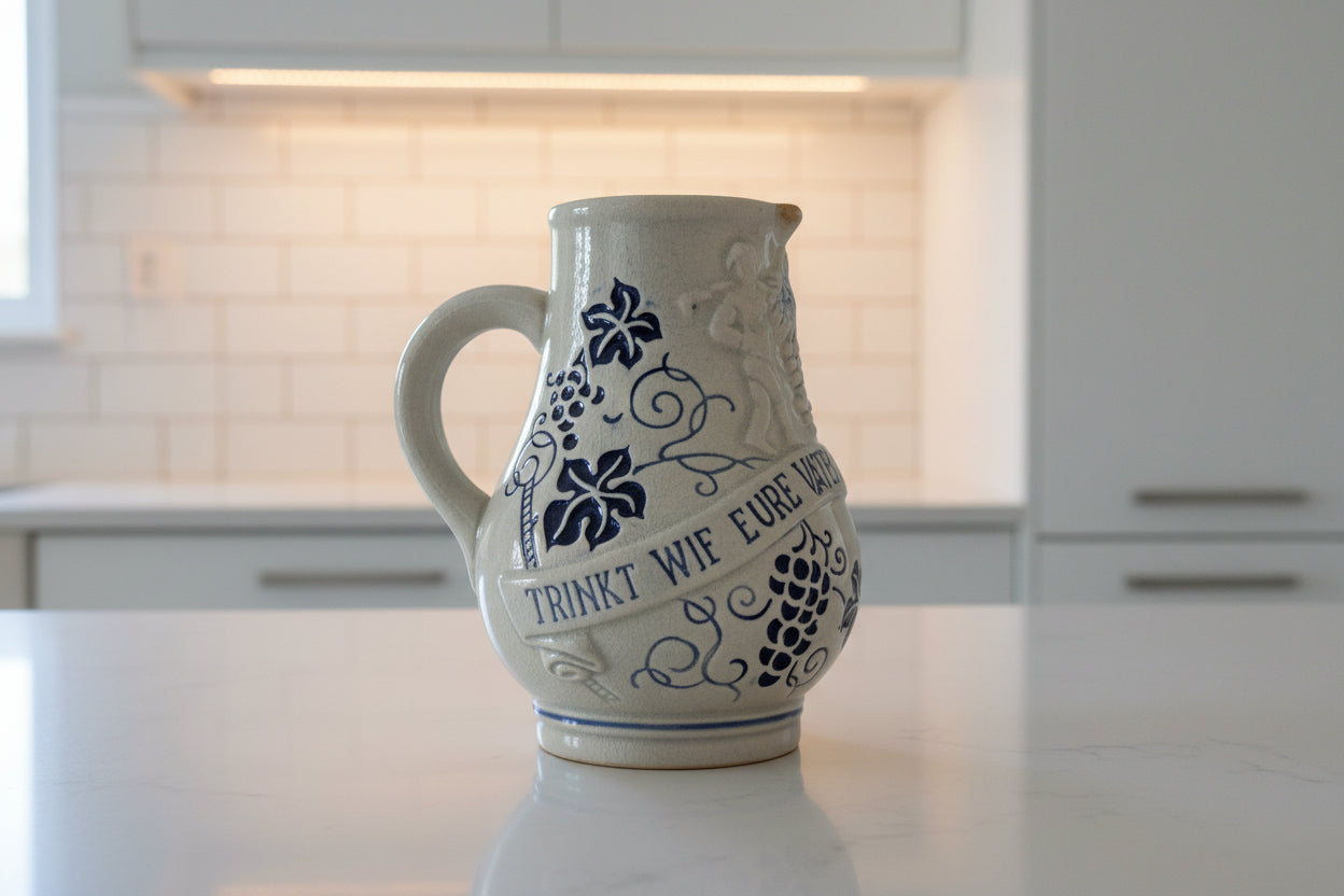 Wick Werke Salt Glaze Stoneware 1/4L Pitcher 5" Tall Blue Glaze "Drink Wine From The Stone