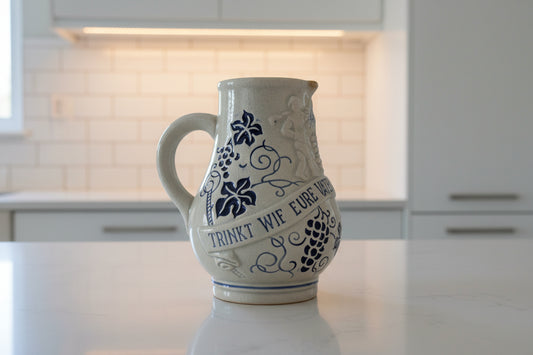Wick Werke Salt Glaze Stoneware 1/4L Pitcher 5" Tall Blue Glaze "Drink Wine From The Stone