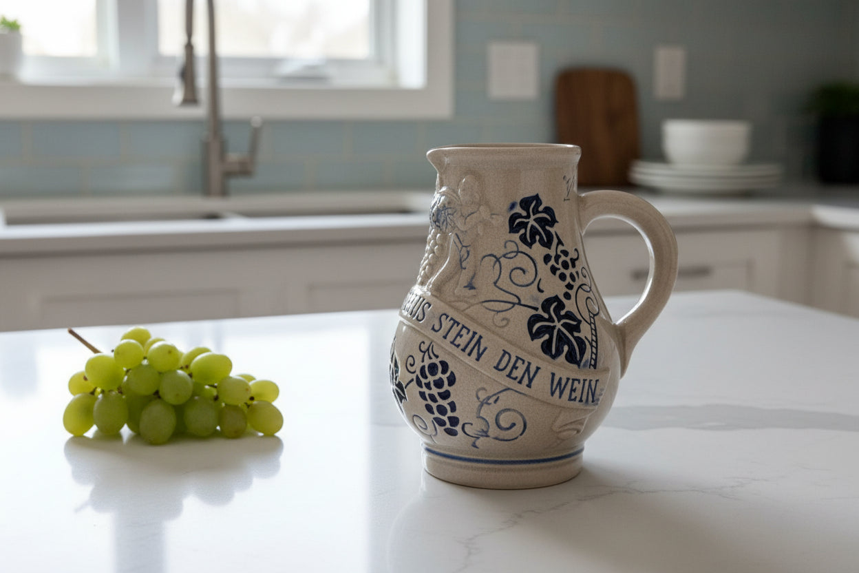 Wick Werke Salt Glaze Stoneware 1/4L Pitcher 5" Tall Blue Glaze "Drink Wine From The Stone