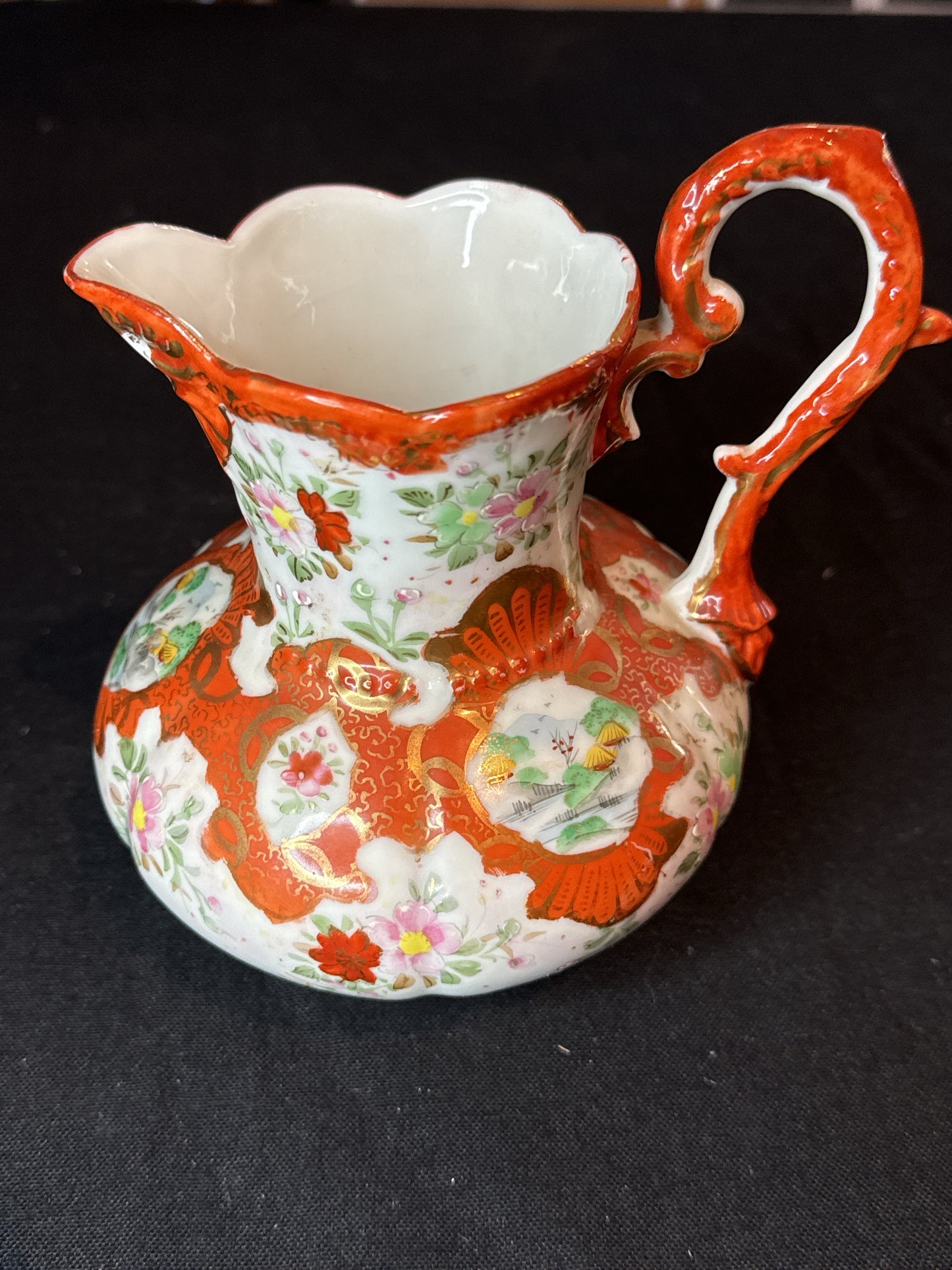 Japanese Style Ceramic Hand Painted Pitcher 6" Tall Vintage No Markings