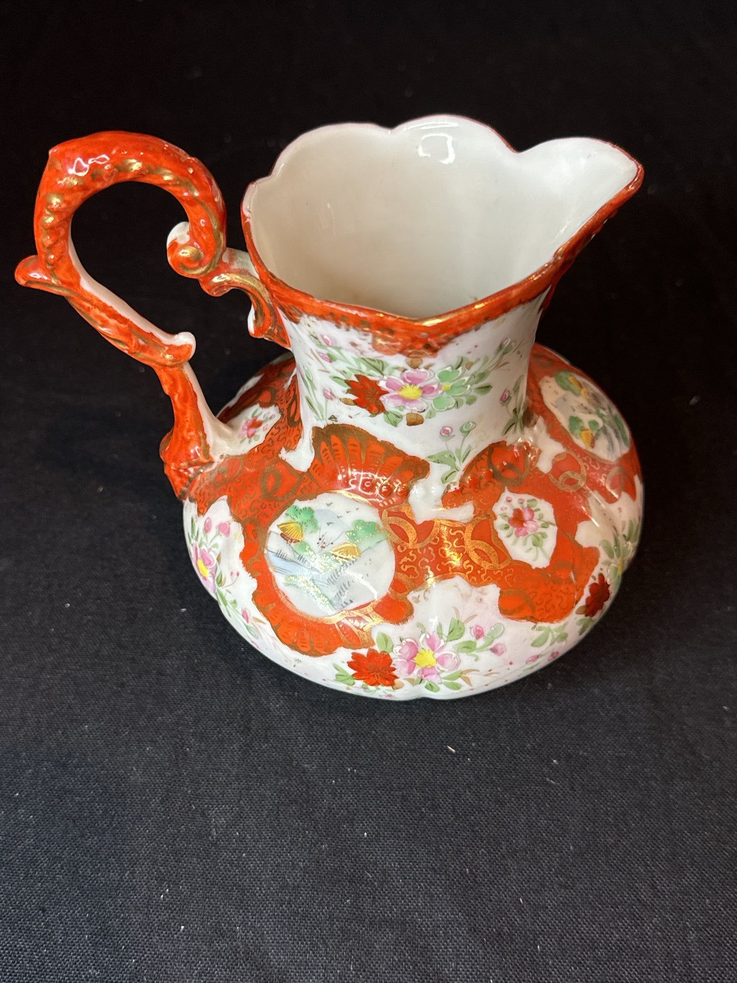 Japanese Style Ceramic Hand Painted Pitcher 6" Tall Vintage No Markings