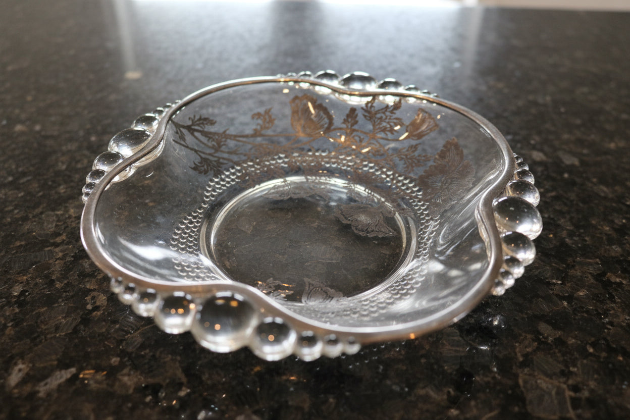 Vintage Duncan Miller Teardrop Silver Floral Overlay Small 6" Square Dish