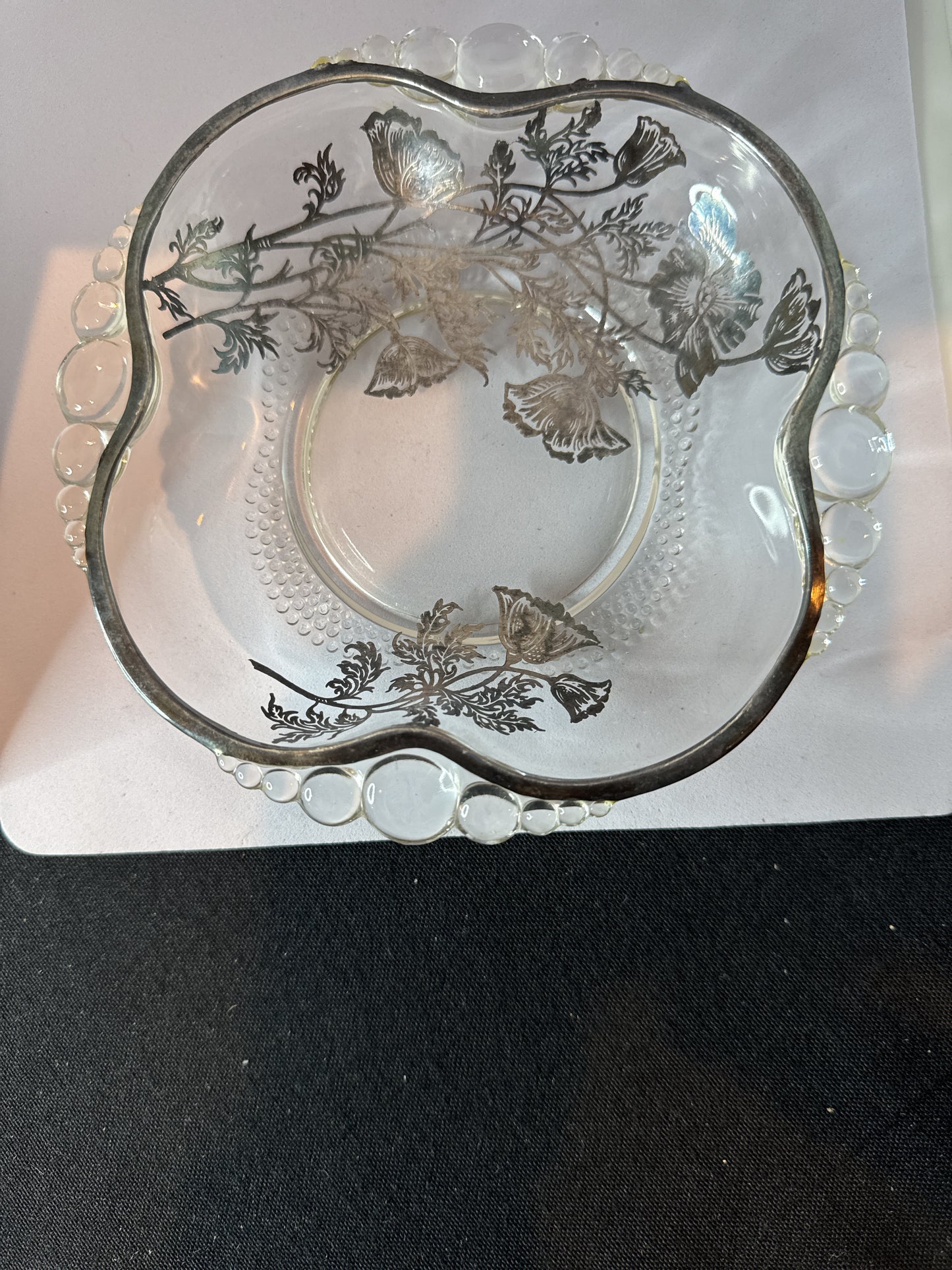Vintage Duncan Miller Teardrop Silver Floral Overlay Small 6" Square Dish