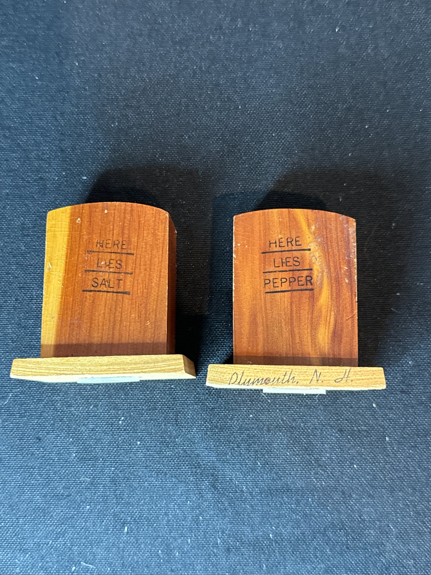 Wooden Gravestone Salt & Pepper Shakers 2 1/8" Tall "Here Lies Salt & Pepper" Plymouth, NH