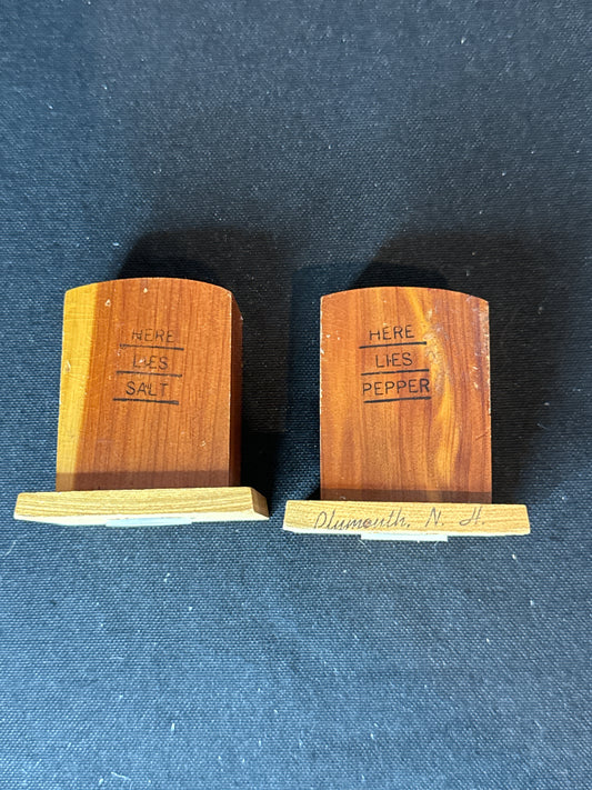 Wooden Gravestone Salt & Pepper Shakers 2 1/8" Tall "Here Lies Salt & Pepper" Plymouth, NH