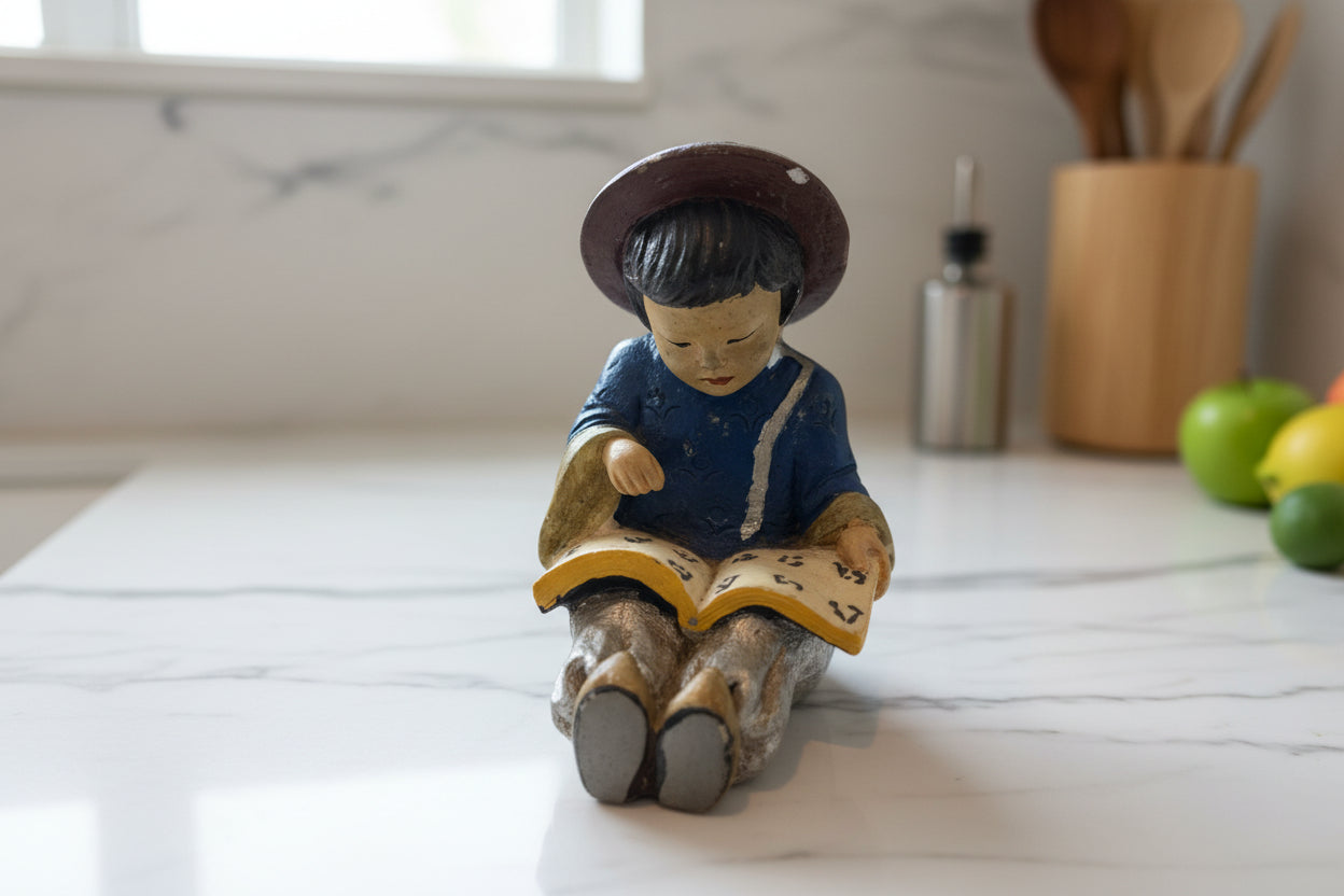 Vintage Asian Child Reading a Book Statue Figurine Blue 5.5" Tall
