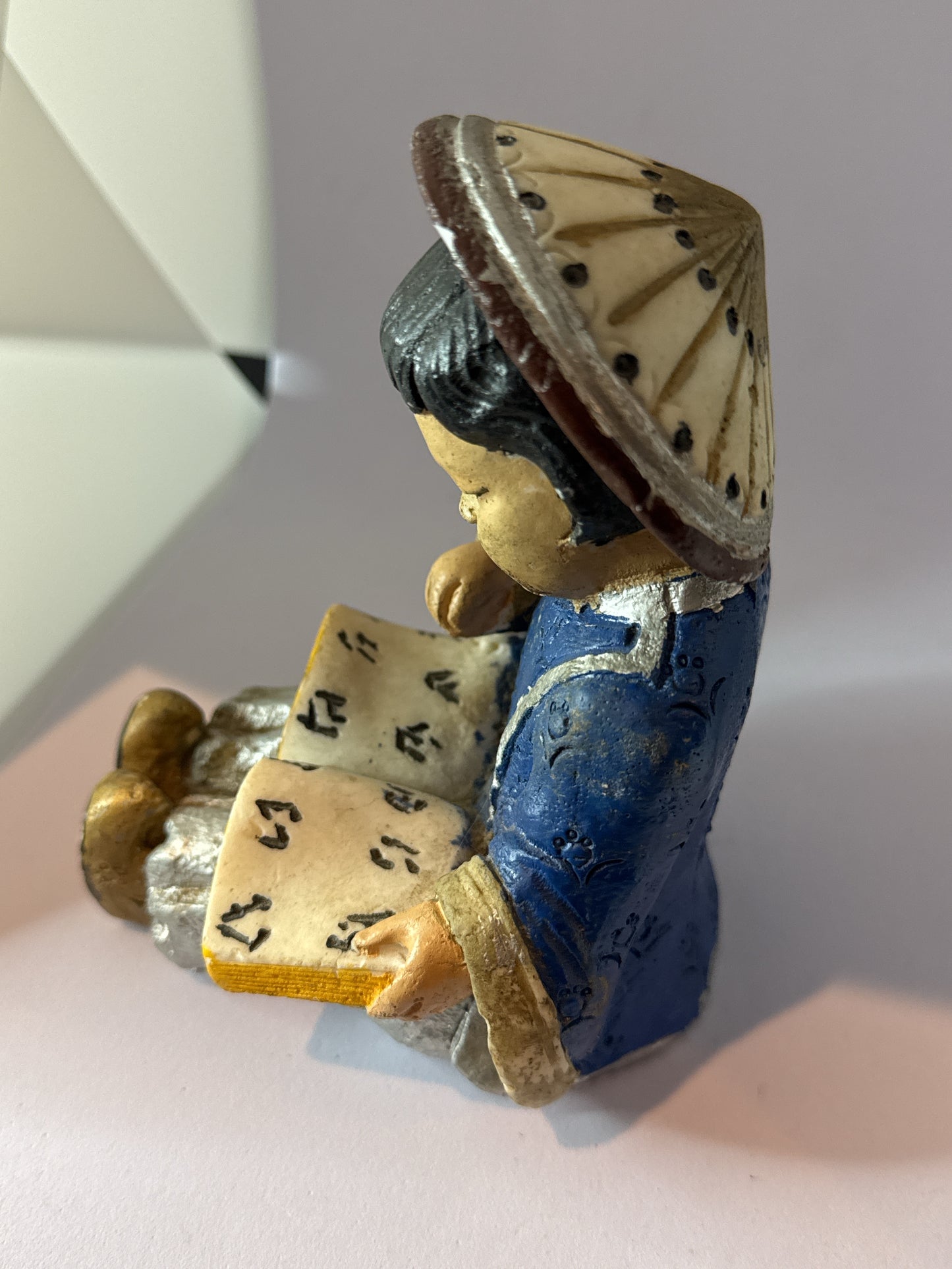 Vintage Asian Child Reading a Book Statue Figurine Blue 5.5" Tall