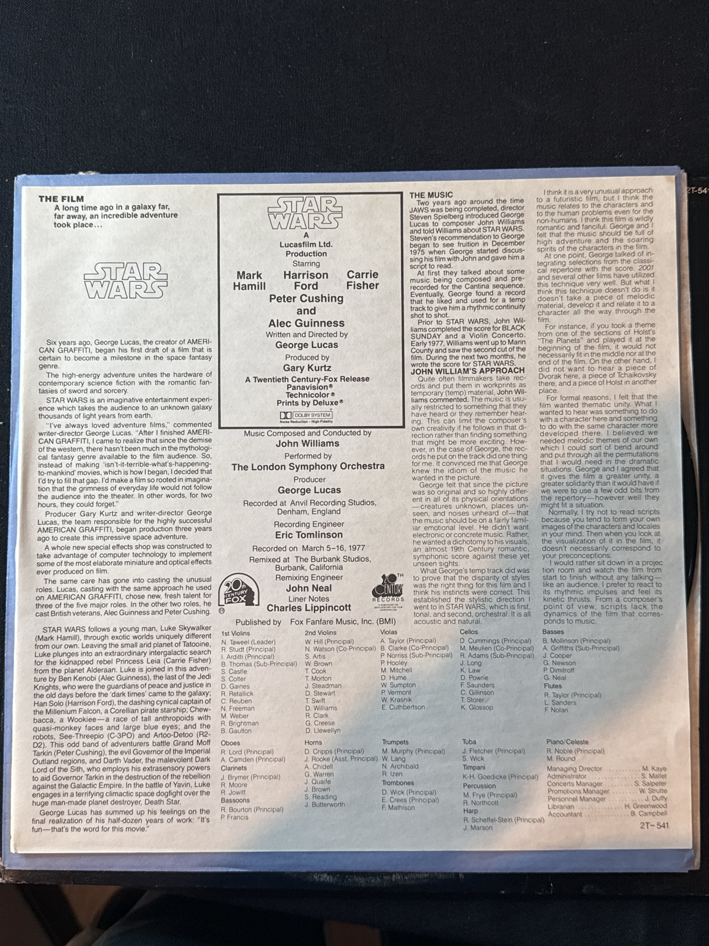 Star Wars Original Soundtrack Vinyl LP Double Album 2T-541 Excellent Condition No Poster