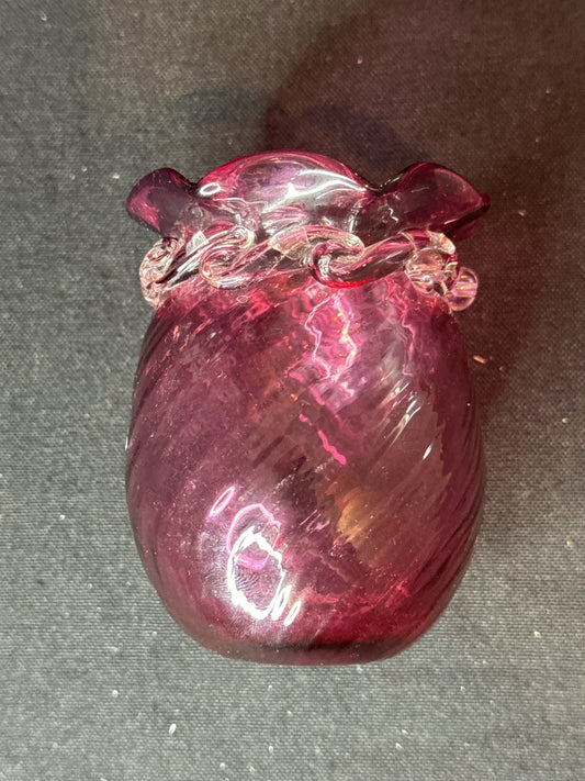 Vintage Petite Hand Blown Pontil Art Glass Cranberry Bud Vase with Optic Swirl Pattern  3.5"