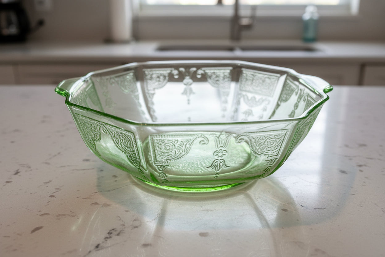 Depression Glass Princess Green 9" Octagonal Salad Serving Bowl Glows Uranium Glass