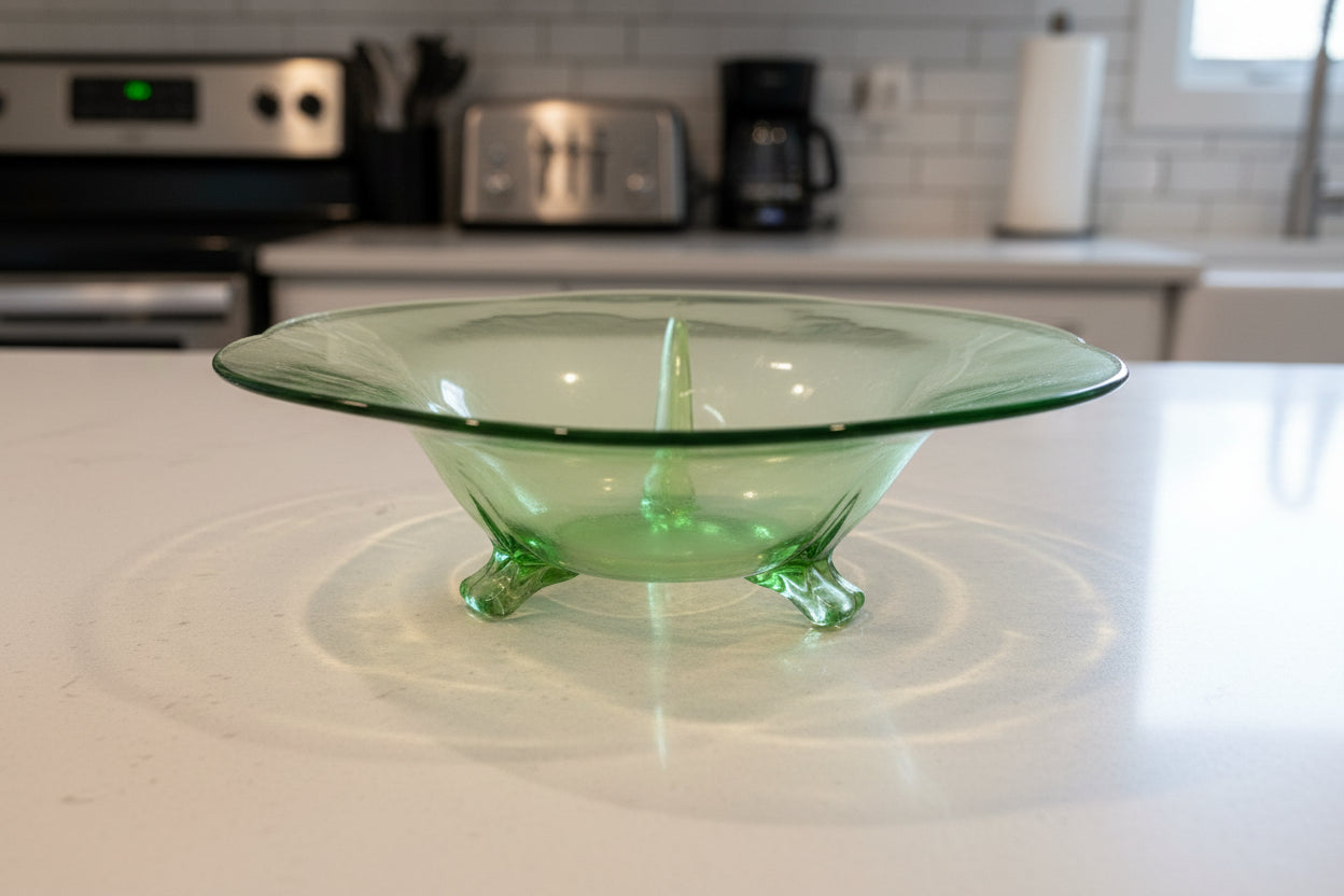 Fostoria 2394 Green 12" 3-Toed Footed Bowl Excellent Condition Glows Uranium Glass